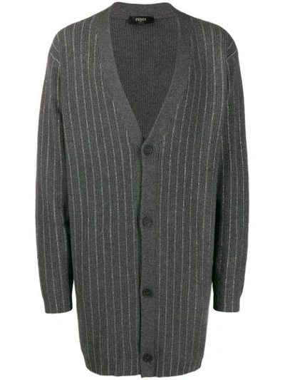Fendi Metallic-stripe Long-line Cardigan In Grey
