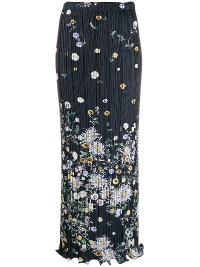 Givenchy Show Floral-pattern Satin-crepe Midi Skirt In Navy/yellow