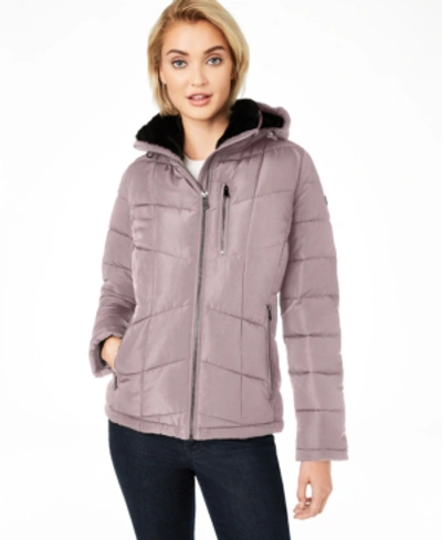 Calvin Klein Faux-fur-lined Hooded Puffer Coat, Created For Macy's In Fig