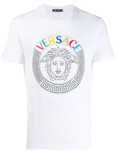 Versace Multicolored Embroidered Logo T-shirt In White | ModeSens