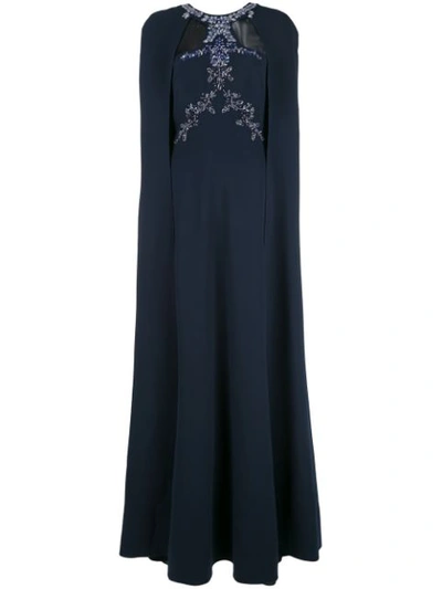 Marchesa Notte Bead Embroidered Crepe Cape Gown In Blue