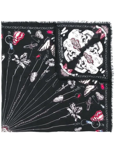 Alexander Mcqueen Skull And Butterfly Print Scarf In Black