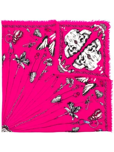 Alexander Mcqueen Skull And Butterfly Print Scarf In 5678 Fushia