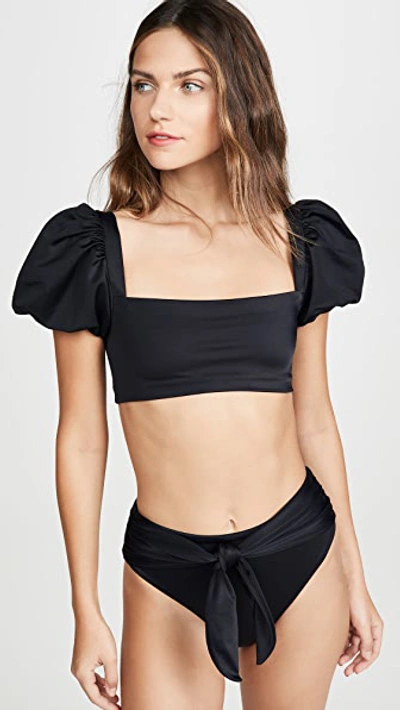 Agua Bendita Calista Puff-sleeve Bikini Top In Black