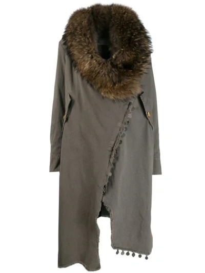 Bazar Deluxe Fox Fur And Cotton Fur Collar Wrap-around Coat In Grey