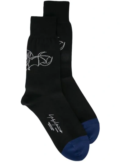Yohji Yamamoto Bat Print Socks In Black/navy Blue Toe