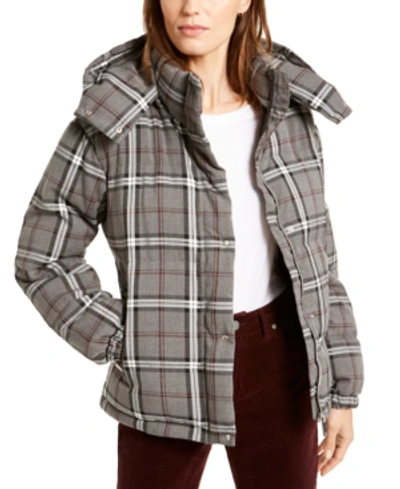 Vince Camuto Plaid Hooded Puffer Jacket In Medium Heather Grey