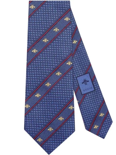 Gucci Silk Bee Web Stripe Tie In Blau