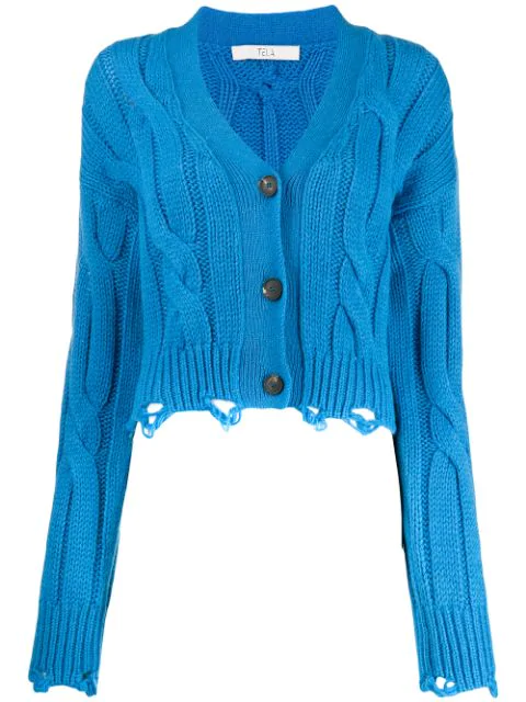 Tela Distressed Knit Cardigan In Blue | ModeSens
