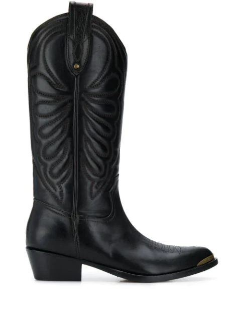 Paola D'arcano Knee Cowboy Boots In Black | ModeSens