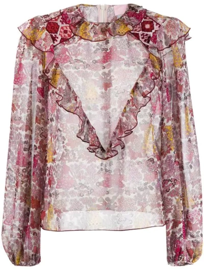 Giamba Sheer Floral Print Blouse In Pink