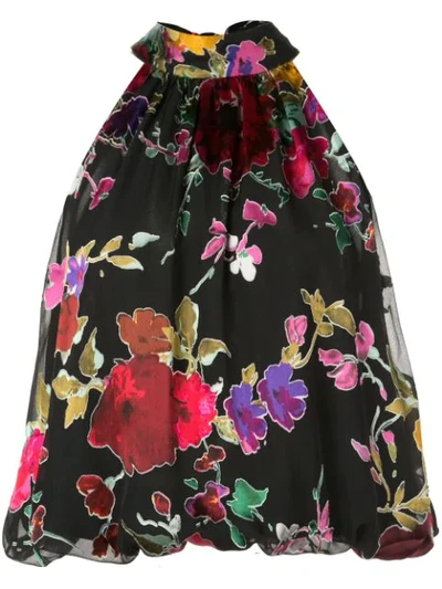 Alice And Olivia Maris Embroidered Flocked Chiffon Halterneck Top In Painterly Floral Black
