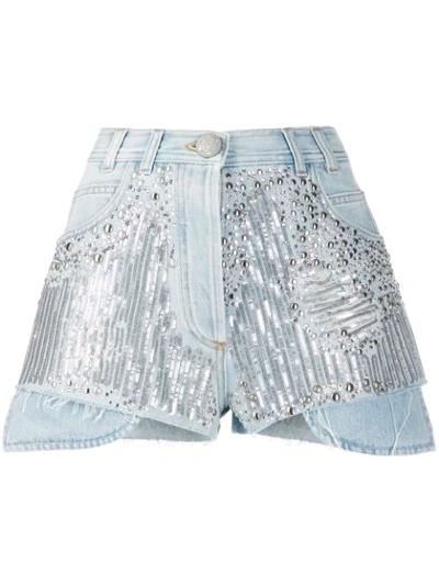 Balmain Embellished Distressed Denim Shorts In Blue