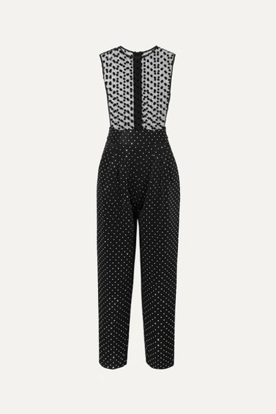 Balmain Flocked Tulle And Crystal-embellished Crepe Jumpsuit In Black