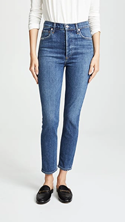 Agolde Jamie High-rise Organic Denim Skinny Jeans With Chewed Hem In Blithe