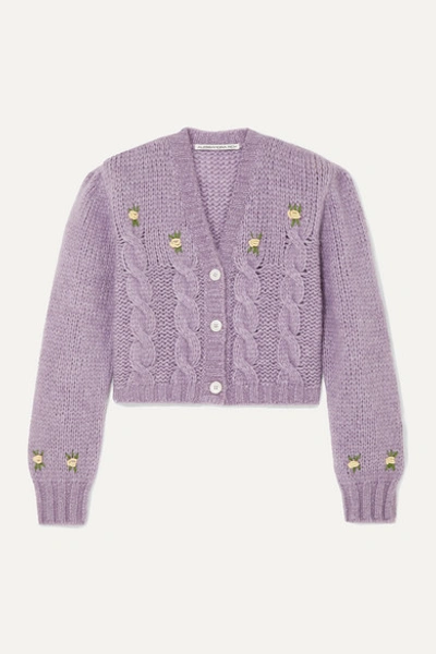 Alessandra Rich Cropped Embroidered Cable-knit Alpaca-blend Cardigan In Lilac