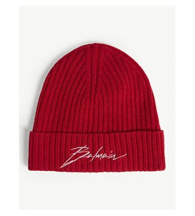 Balmain Signature Cashmere And Wool-blend Beanie In Red