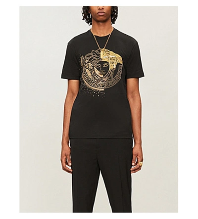 Versace Medusa Logo-embroidered Cotton-jersey T-shirt In Nero Oro