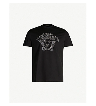 Versace Medusa Logo-embroidered Stretch-cotton T-shirt In Nero