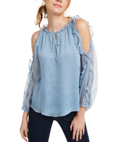 1.state Mosaic Ditsy Ruffled Cold-shoulder Top In Blue