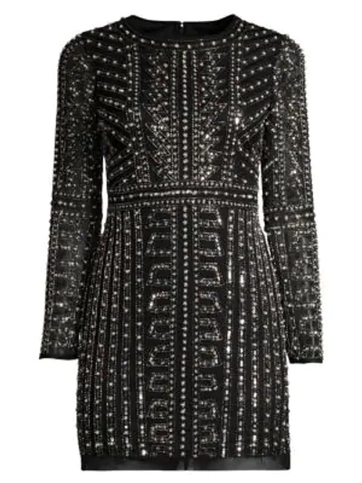 Aidan Mattox Geometric Beaded Long-sleeve Mini Cocktail Dress In Black/pearl