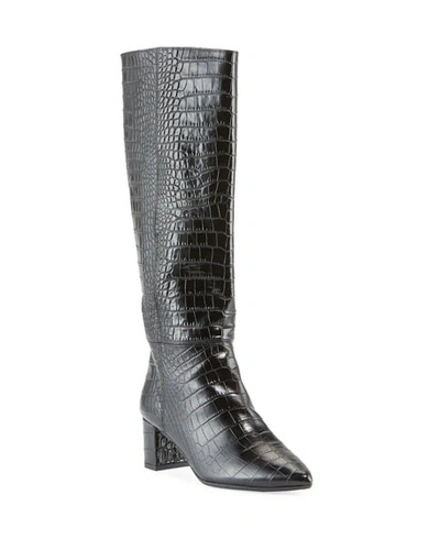 Aquatalia Women's Karen Weatherproof Embossed Leather Tall Boots In Black Croc Embossed Leather