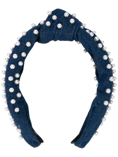 Lele Sadoughi Women's Faux-pearl Embellished Denim Knotted Headband In Navy Velvet Pearl