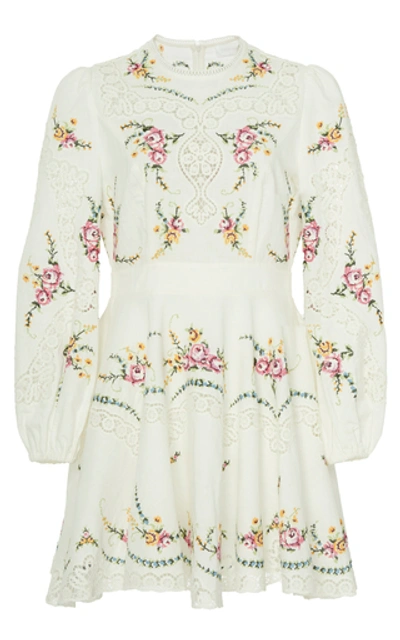 Zimmermann Allia Cross-stitched Linen-blend Mini Dress In White