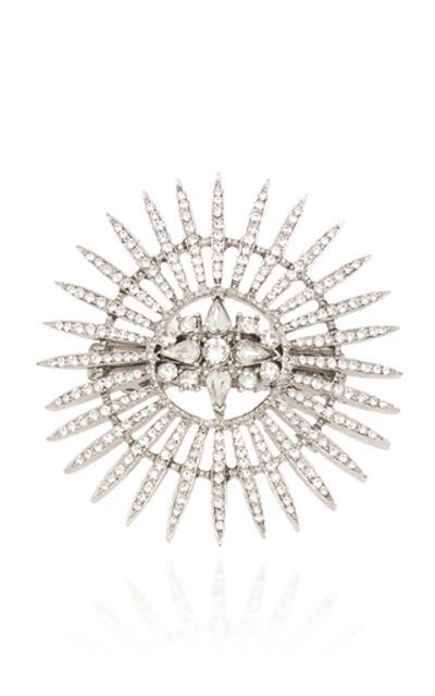 Oscar De La Renta Silvertone Pavé Crystal Sunburst Brooch