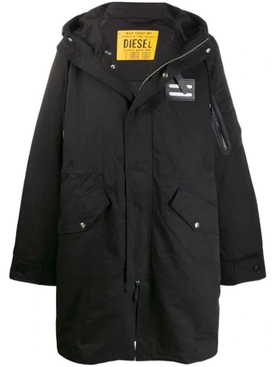 Diesel Long Hooded Coat In Black