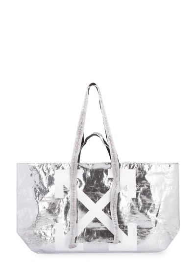 Off-white Metallic Tote Bag In Silver
