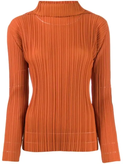 Issey Miyake Pleated Roll Neck Top In Orange
