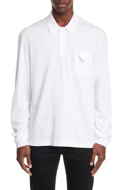 Bottega Veneta Men's Long-sleeve Pique Jersey Polo Shirt In Bianco