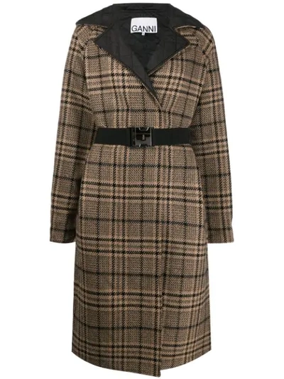 Ganni Reversible Quilted Check Tech Wool Coat In Black