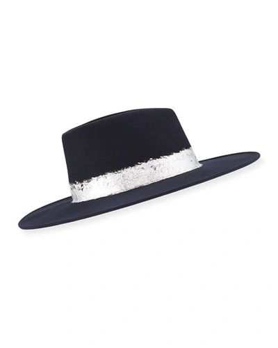 Eugenia Kim Harlowe Wool Fedora Hat W/ Imitation Silver Leaf Trim In Navy