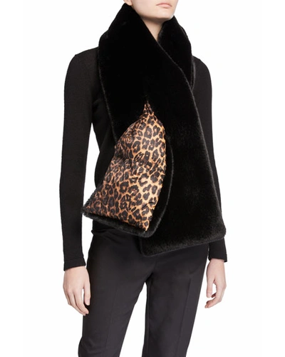 Heurueh Leopard Print & Faux Fur Double-face Puffer Scarf In Black