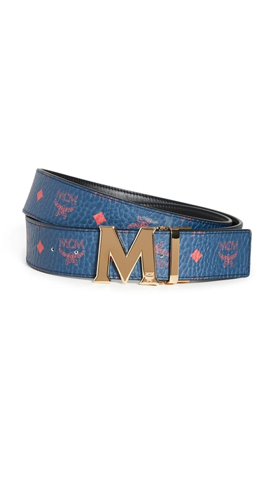 Mcm Men's Claus Reversible Monogrammed Canvas/solid Leather Belt In Deep Blue Sea