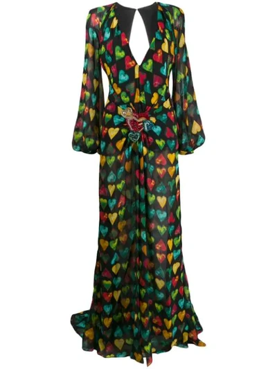 Versace Heart-print Embellished-plaque Silk-chiffon Gown In Black