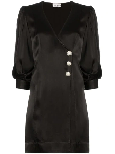 Ganni Crystal-embellished Satin Mini Wrap Dress In Black