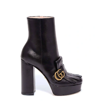 Gucci Leather Platform Ankle Boot With Fringe In Black