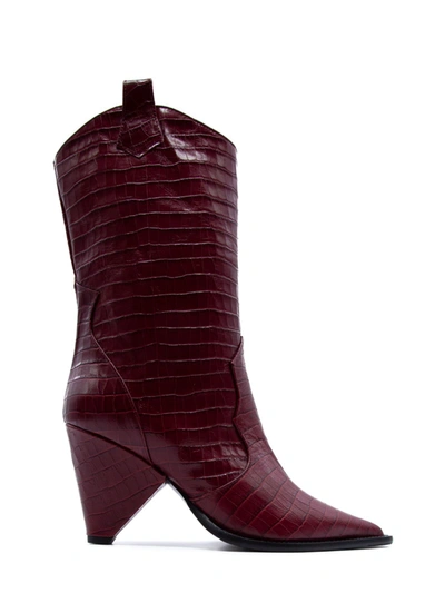 Aldo Castagna Red Cocodrile Effect Leather Boot In Burgundy