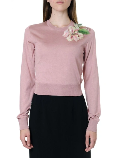 Dolce & Gabbana Pink Silk Sweater With Floral Decoration
