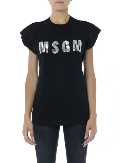 Msgm Black Cotton T Shirt With Sequins Logo