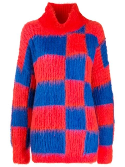 Msgm Oversized Roll-neck Checkered Jumper In Blue