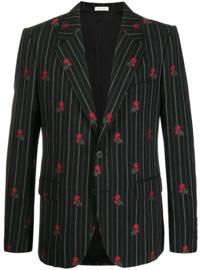 Alexander Mcqueen Rose Embroidered Pinstripe Blazer In Black