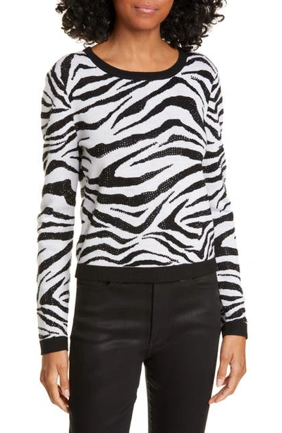 Alice And Olivia Connie Animal Print Stud Detail Stretch Wool Sweater In Black White