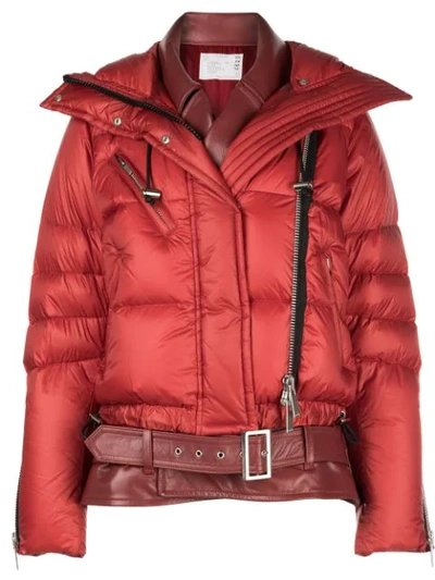 Sacai Double Layered Leather Puffer Jacket In Red