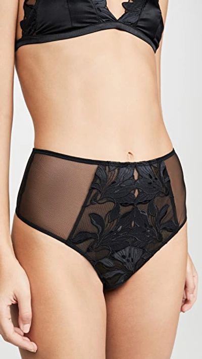 Fleur Du Mal Lily Embroidered Tulle And Silk-blend Satin Thong In Black