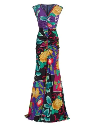 Etro Japanese Floral Ruched Stretch-silk Gown In Purple