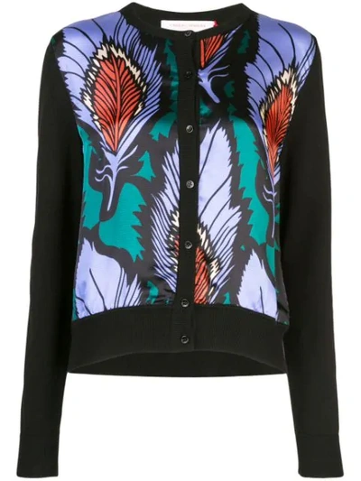 Carolina Herrera Feather-printed Silk-panel Cardigan In Black Multi